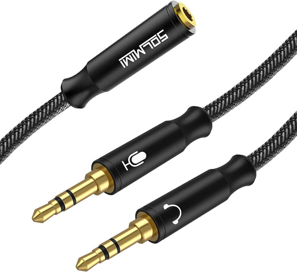 Headset Splitter Cable for PC 3.5mm Crystal-Nylon Braid, 3.5mm Female to Dual 3.5mm TRS Male Y Splitter