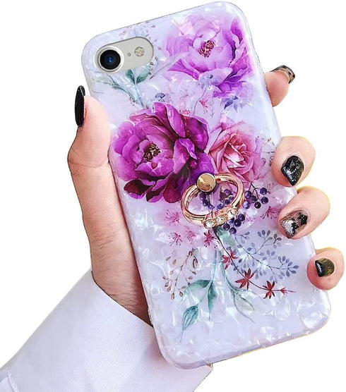 iPhone SE Case 2022/2020 by Qokey, for iPhone 7/8, Flower Cute Design with 360 Degree Rotating Ring (Purple Red)