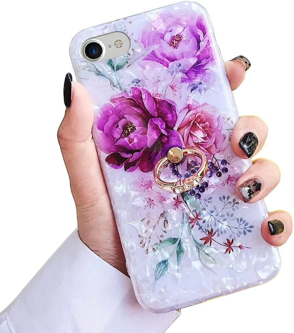 iPhone SE Case 2022/2020 by Qokey, for iPhone 7/8, Flower Cute Design with 360 Degree Rotating Ring (Purple Red)