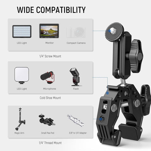 NEEWER Super Clamp with Dual Ballhead Magic Arm, Cold Shoe, 1/4" Threads, Phone/Action Camera Mount Adapter for Tripod,