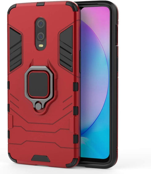 OnePlus 7, OnePlus 6T Case (Red) - Metal Ring Grip Kickstand Shockproof Hard Bumper, Dual Layer Rugged Cover