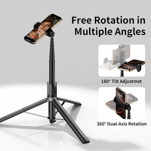KOLOOBO 67'' 360 Automatic Phone Tripod, Auto-Open Selfie Stick for iPhone with Remote, Rotatable Extendable Phone