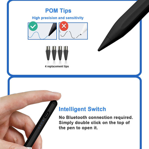 Stylus Pens for Touch Screens, Power-Display Tablet Pen, Magnetic Digital Touch Pen Compatible with iPhone/iPad (Black)