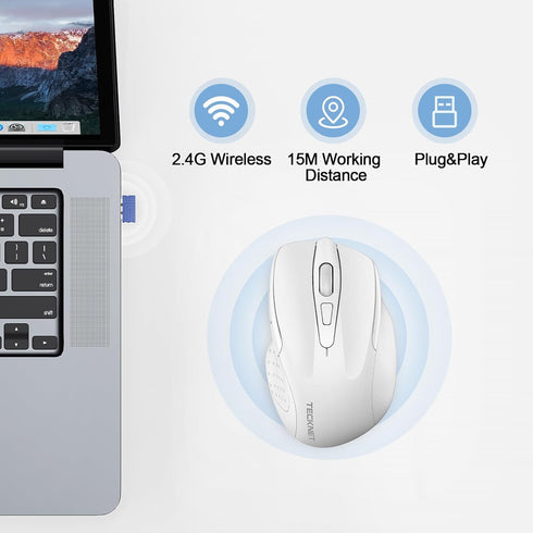 TECKNET Rechargeable Wireless Mouse, 2.4G Silent Mouse, 6 Adjustable DPI, Ergonomic Cordless Mouse for Laptop, White