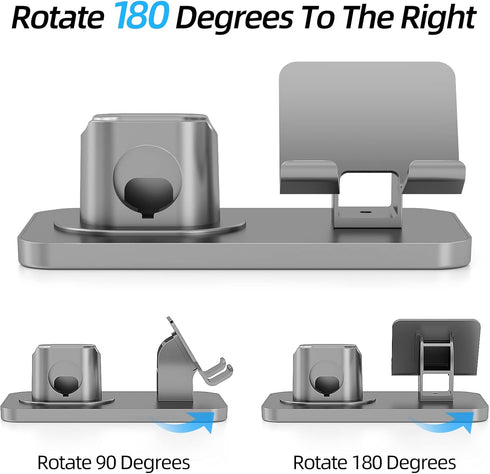 180° Rotation Phone Charger Stand Holder, 3in1 Charger Dock for Apple iWatch/AirPods/iPad and Most Smartphones (Gray)