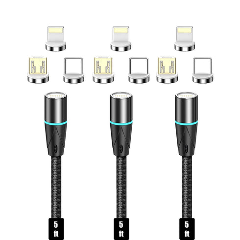 NetDot Magnetic Charging Cable 3in1 Gen12 (5ft/3 Pack Black) 18W Fast Charging Magnetic Phone Charger for USB-C, Micro