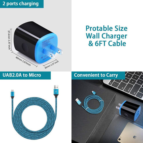Android Charger Fast Charging Micro USB Cable, 6FT Nylon Cord with 2.1A Power Adapter for Samsung Galaxy, LG, HTC