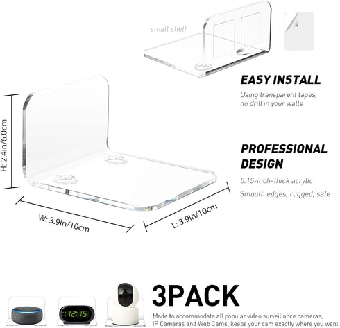 OAPRIRE Acrylic Floating Wall Shelves Set of 3 for Security Cameras, Baby Monitors, Speakers, No Drill (Clear)