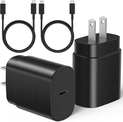 Type C Fast Charging Charger Block 25W, 2 Pack with 6Ft USB C Cable for Samsung Galaxy S24 Ultra/S23/S22/S21/S20/iPhone