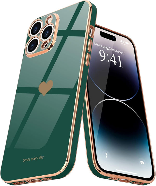 Teageo Cute Love Heart Luxury Bling Case for iPhone 14 Pro Max, Raised Full Camera Protection Bumper, Blackish Green