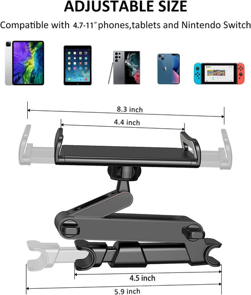 Car Headrest Backseat Mount, 360 Rotating Adjustable Tablet/Phone Holder for All 4"-11" Tablets and Cellphones