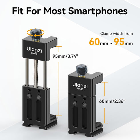ULANZI MA33 Metal Phone Tripod Mount with 2 Cold Shoes, Adjustable Smartphone Tripod Adapter for iPhone and Samsung