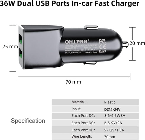 OHLPRO 3-in-1 Backseat Car Charging Station, 36W Fast Charger for All Phones, Ideal for Rideshare