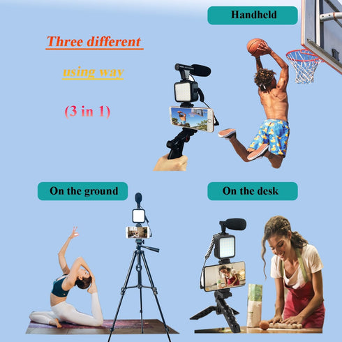 Vlogging Kit for YouTube, iPhone & Android Phone, Includes Two Tripods, Light, Microphone, Remote, and Jack Adapter