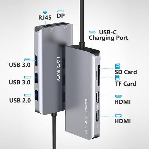 Lasuney 10 in 1 USB Type C HUB with Triple Display, 2 HDMI, Ethernet, PD3.0, 3 USB Ports, SD/TF Docking Station