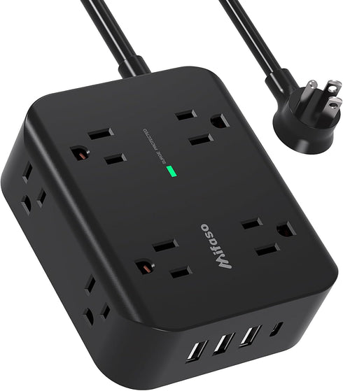 Extension Cord 10 FT - Flat Plug Power Strip Surge Protector with 8 Outlets and 4 USB Ports, Indoor Home Office