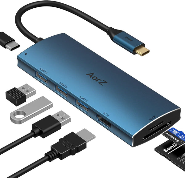 USB C Hub, 7 in 1 Multiport Adapter with HDMI Output, 3 USB 3.0 Ports, SD/Micro SD Ports, 100W PD, Deep Blue