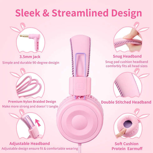 POWMEE M1 Kids Headphones, Foldable Adjustable Stereo Tangle-Free, 3.5MM Jack for Children, Pink