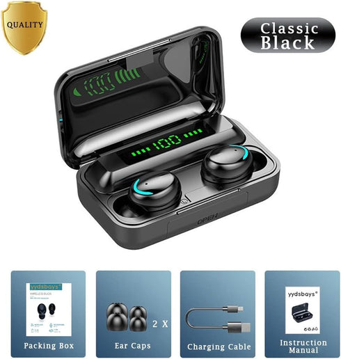 Wireless Earbuds, Bluetooth 5.3 Headphones with Mic, USB Charging Case, Dual Connect, Black Ear Buds.