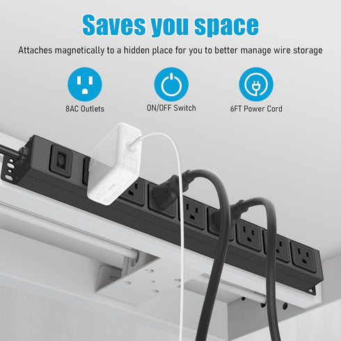 HHSOET 8 10FT Magnetic Mount Power Strip, Outlet Mountable Socket, Metal Heavy Duty Surge Protector, Gaming Table