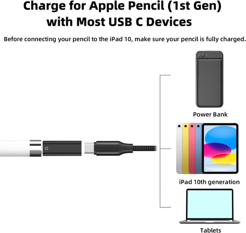 USB-C Pencil Charger Adapter for Apple Pencil 1st Generation, USB C to Lightning Charging Adapter for iPad 10th Gen