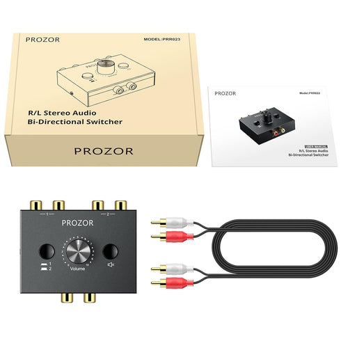 PROZOR RCA Stereo Audio Switcher, 2 in 1 Out R/L Stereo Switch, 1 in 2 Out Splitter with Mute Button, No Power Required