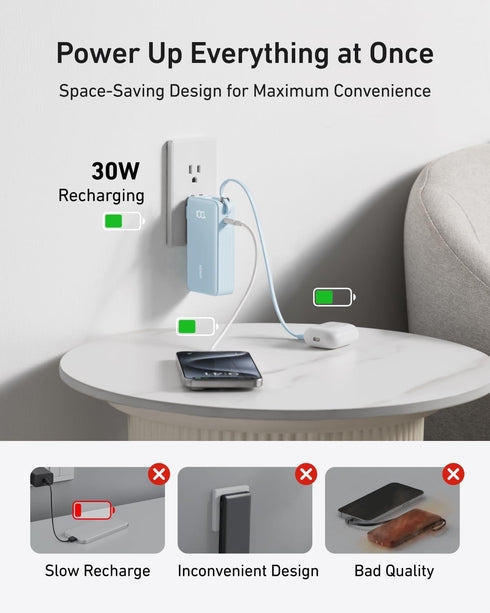 Anker 3-in-1 Portable iPhone Charger, 10,000mAh Power Bank with Built-in USB-C Cable and Foldable AC Plug, 30W Max
