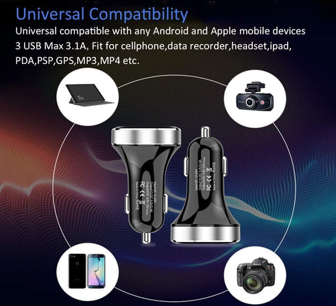 LIHAN 3 USB Car Charger - 12V/24V Voltage Meter, QC3.0 Output, Compatible with iPhone, iPad, Samsung