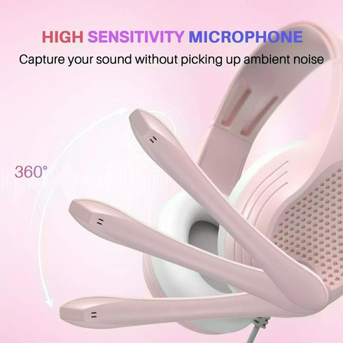 Pink Cat Ears Gaming Headset - Over Ear Wired Headphones with Microphone for PS4 Xbox One PS5 Controller, for PC