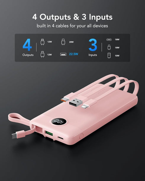 VRURC Portable Charger Power Bank, 10000mAh, 22.5W Fast Charging, Built-in USB-C Cable, Compatible with iPhone 15, Pink
