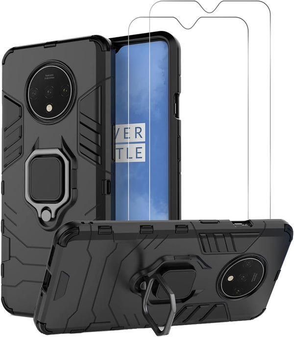 Urspasol for OnePlus 7T Case - Tempered Glass Screen Protector, Heavy Duty Armor Bumper Cover with Ring Holder (Black)
