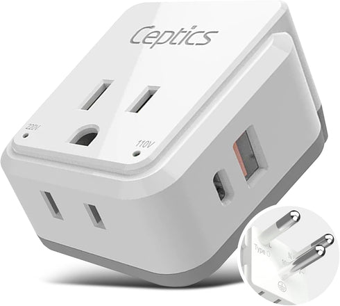 Ceptics Thailand Travel Adapter Set, 20W PD & QC, Type O - 4 in 1 with 2 USA Inputs, 1 USB Port, 1 USB-C Port