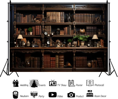 Action Bloom 7x5ft Vintage Bookshelf Backdrop Retro Study Room Photography Background for Zoom Meeting Online Teaching
