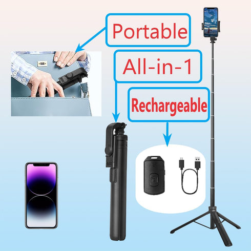 66" Selfie Stick Tripod for Cell Phone & Camera, All in 1 Expandable Phone Tripod with Remote Control and Rotate Phone Holder, Portable Tripod for iPhone/Goproo and Cameras