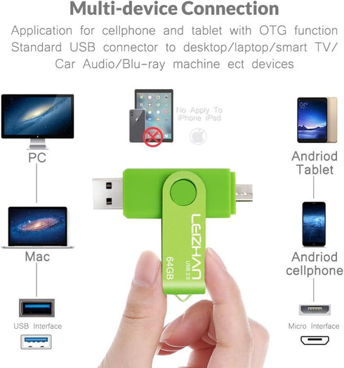 LEIZHAN Micro USB Flash Drive OTG Pen Drive 32GB for Samsung Galaxy S7, S7Edge, S6, S6 Edge (Green)