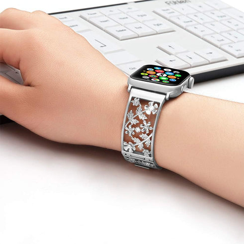 Floral Band Compatible with Apple Watch - Jewelry Band 38mm 40mm 41mm 42mm, Bling Crystal Bracelet, Silver