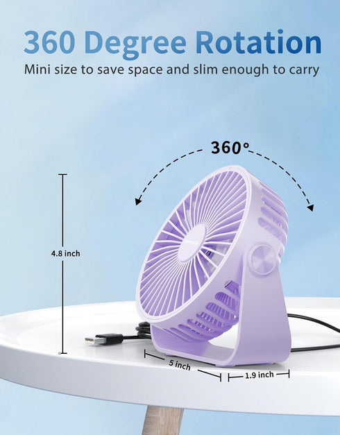 TriPole USB Desk Fan, 4.5 Inches Portable Mini Fan with 3 Speeds and 360° Head Rotation for Home Office