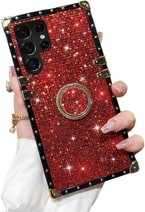 A13 for Samsung Galaxy A13 5G Bling Case,Luxury Bling Glitter Sparkle Cute Gold Square Corner Soft Trunk Cover with Finger Ring Grip Kickstand Phone Skin,Red