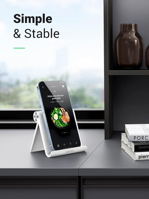 UGREEN Cell Phone Stand for Desk Phone Holder Foldable Portable Adjustable Compatible with iPhone 15 14 13 Pro Max, iPhone 12 11 Plus SE XS XR 8 7, Office Desk Travel Accessories, White