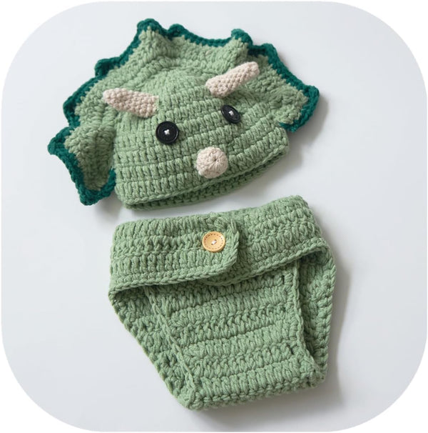 Vemonllas Newborn Photography Props Dinosaur Outfit, Crochet Costume with Dino Helmet Hat and Diaper Cover for Baby