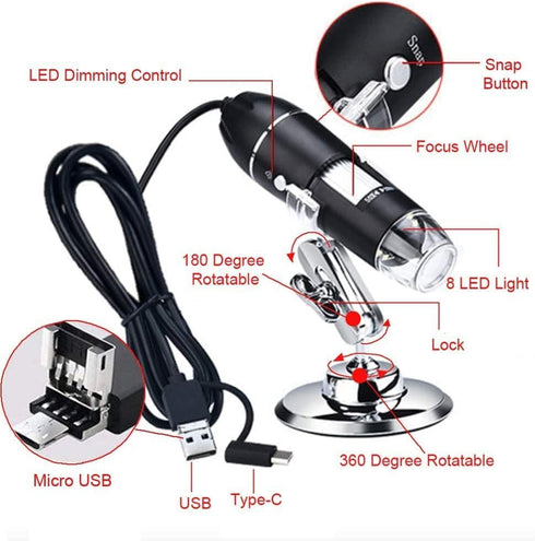 USB Digital Microscope, 1600x Magnification Endoscope Camera with Metal Stand for Windows, Android, and Mac