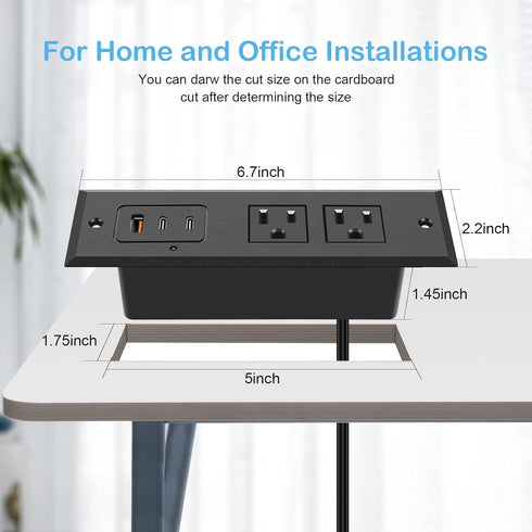 CCCEI 45W 6 45 Recessed Power Strip with USB-C Ports, Fast Charging USB A Port Desk Outlet, Black Furniture Hidden
