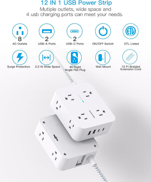 Surge Protector Power Strip, 15 Ft Long Cord with 8 Outlets and 4 USB Ports, Flat Plug for Home Office