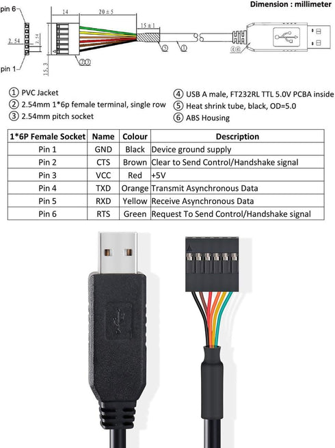 DTech USB to TTL Serial 5V Adapter Cable with FTDI FT232RL Chip, 6 Pin 0.1 inch Pitch Female Socket Header for Windows