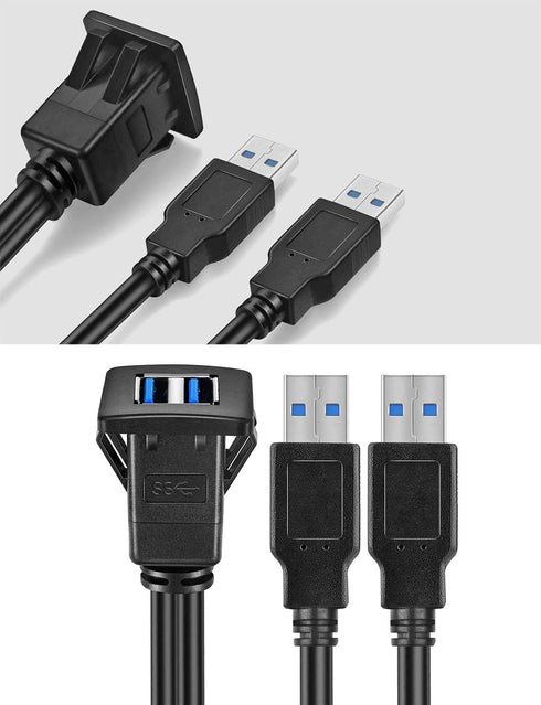 Dual USB3.0 Square Flush Mount - 1M 3ft Extension Mount for Car, Boat, Motorcycle, Dash, Panel