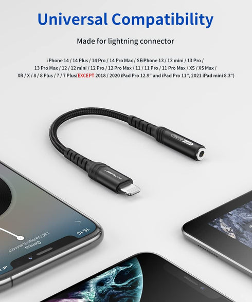 JSAUX iPhone Headphone Adapter, Lightning to 3.5mm, MFi Certified, Compatible with iPhone 14/13/12/11/SE/X/8 - Black