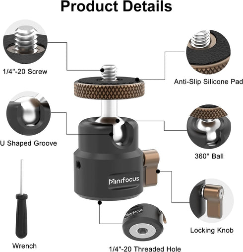 MINIFOCUS 1/4" 360 125 11Ib Mini Ball Head, Metal Tripod Ballhead w Threaded Hole, Swivel Tilt Tripod Mount Adapter