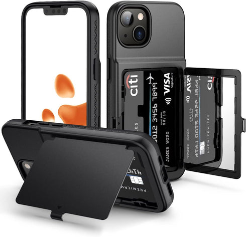 WeLoveCase iPhone 13/14 Wallet Case - Black, Shockproof, Credit Card Holder & Hidden Mirror, 6.1" Heavy Duty Protection.