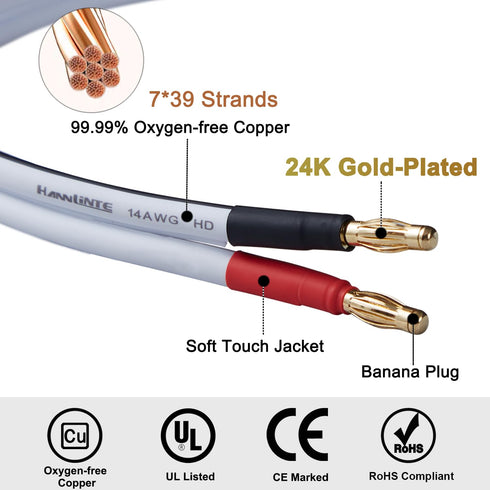 14 AWG HD Premium Soft Touch HiFi Speaker Cable with Banana Plugs - 2 Pack, 3 Feet