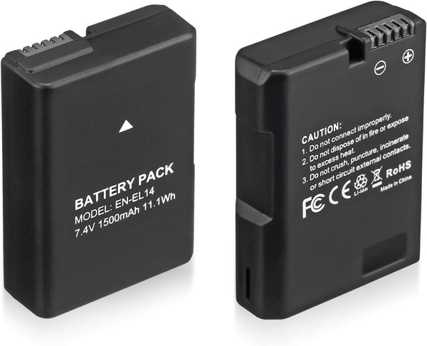 EN-EL14 EN EL14A Battery 2-Pack 1500mAh Li-ion for Nikon D3100, D3200, D3300, D3400, D3500, D5100, and More